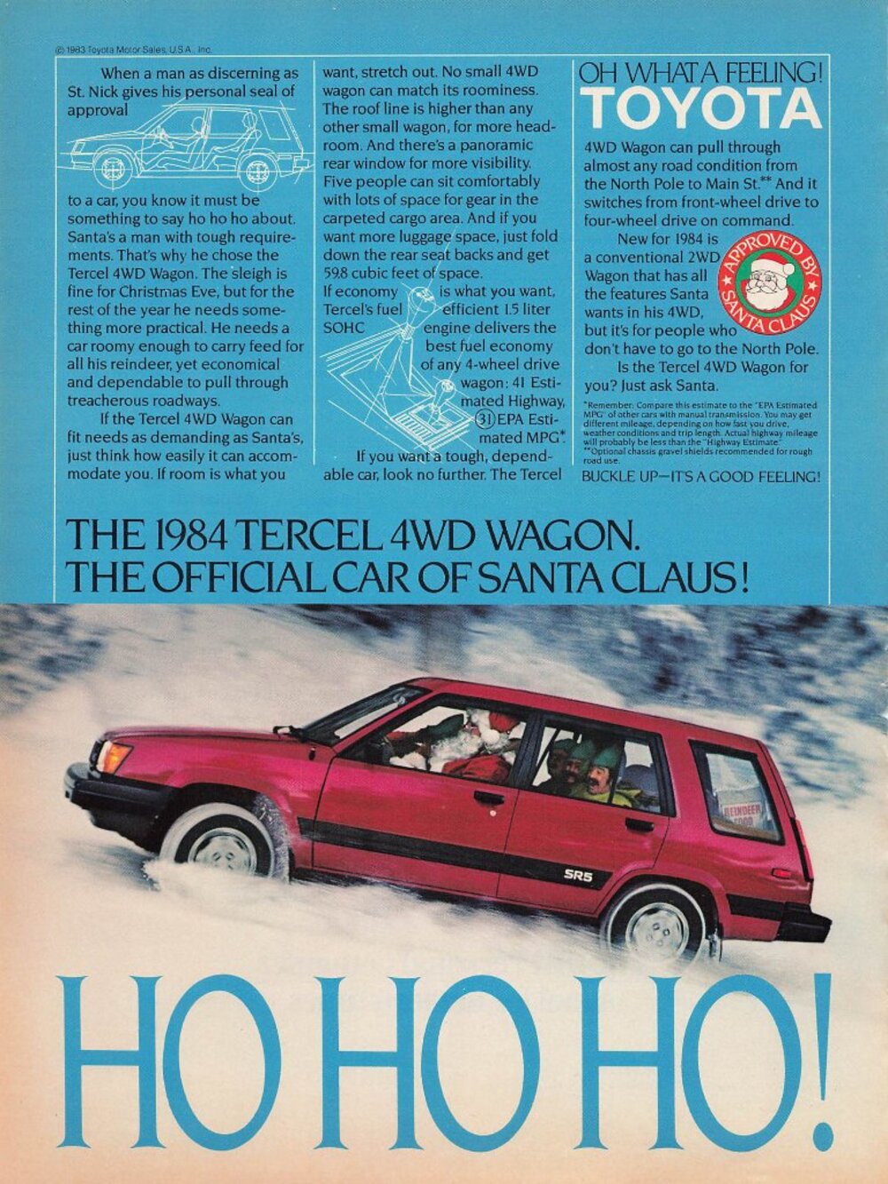 1983 Toyota Christmas Vintage Print Ad Tercel 4WD Wagon Official Car Santa Claus
